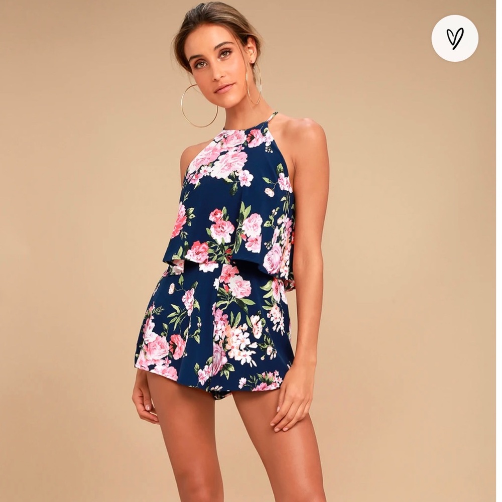 LULUS Navy Blue Floral Print Romper XS